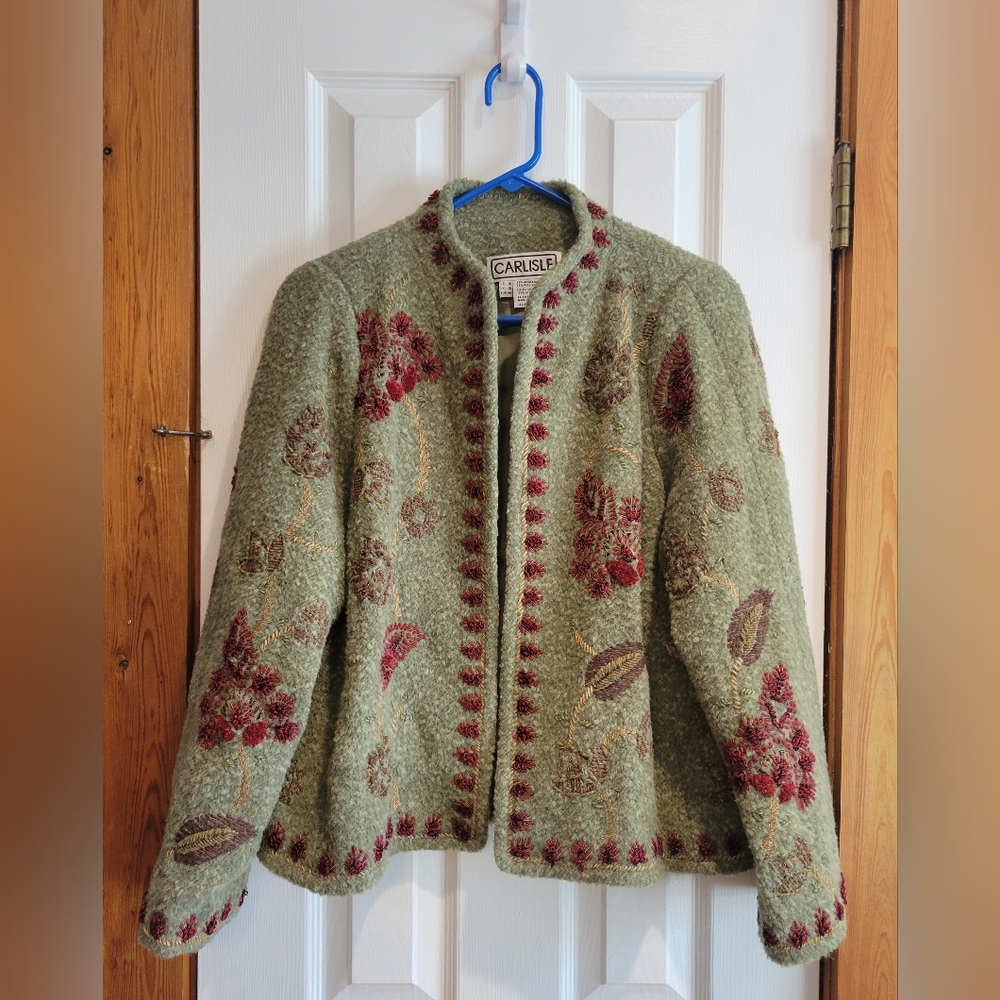 Vintage Carlisle Green Alpaca Wool Embroidered Jacket - Size 16
